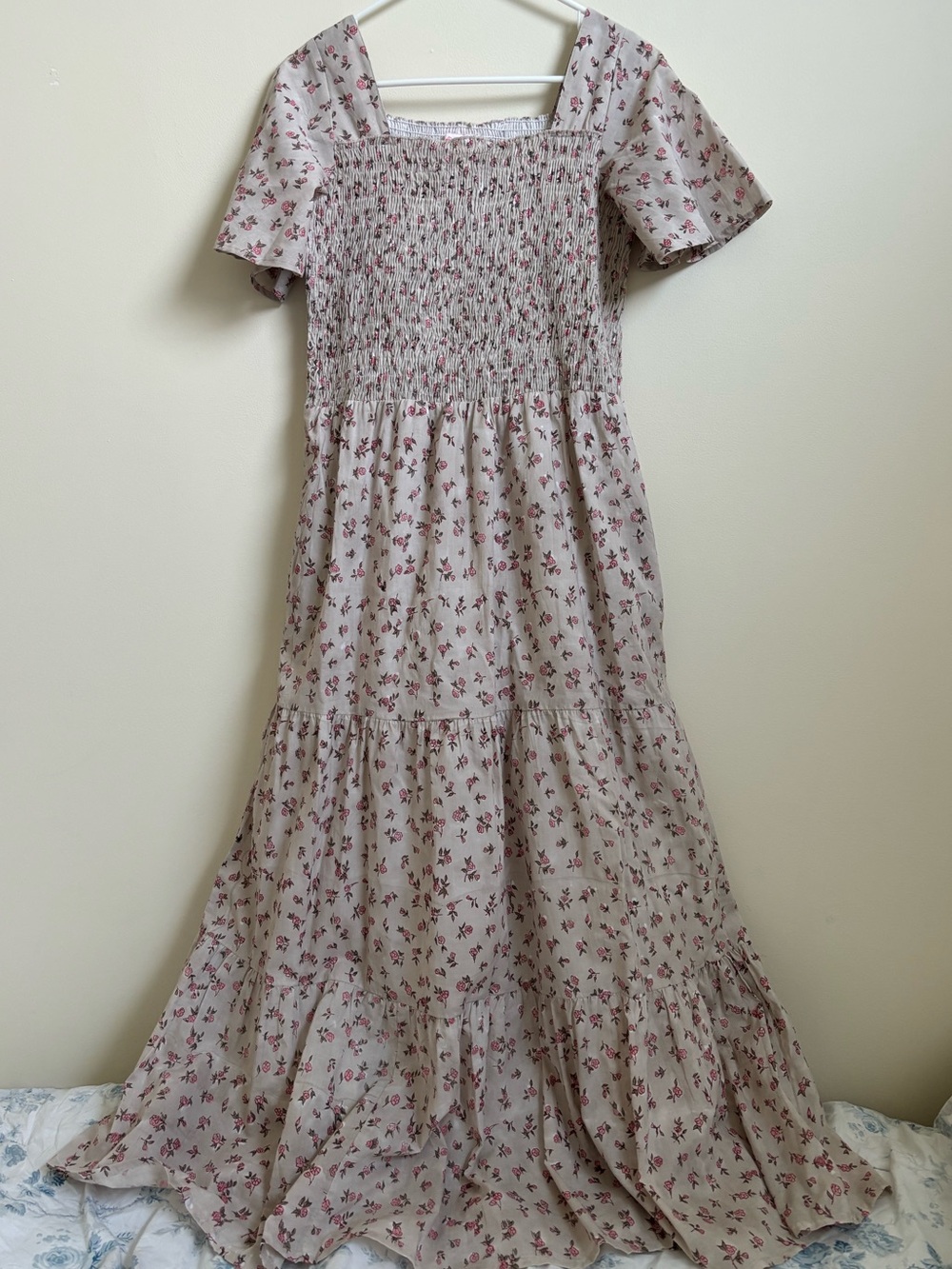 Victoria Dunn Beige Maxi Dress with Pink Floral Print